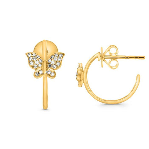 14K Yellow Gold Diamond Butterfly Hoop Earrings