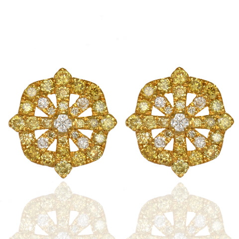 18k Yellow gold Fancy Yellow & White Diamond Cluster Studs