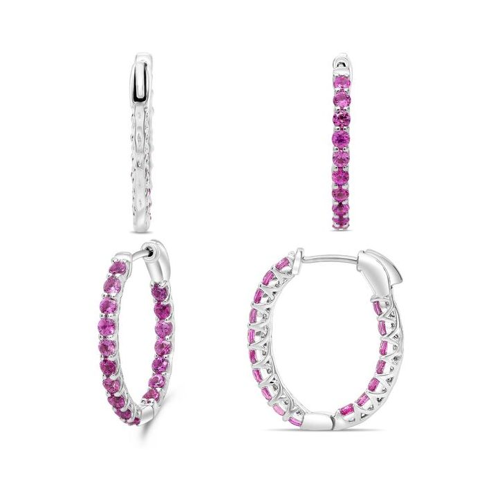 14K White Gold Pink Sapphire Hoop Earrings
