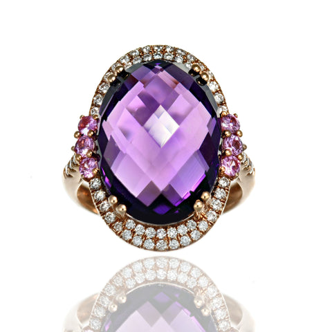 14K Rose Gold  Oval Amethyst & Diamond Halo Ring