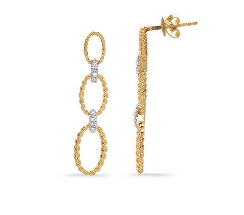 Triple Oval Link Diamond Earrings in 14K Yellow & White Gold