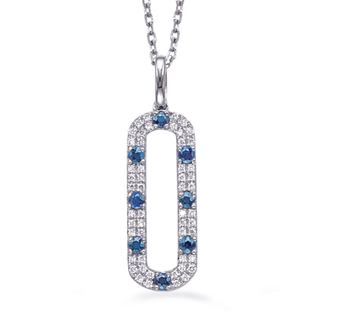 Blue Sapphire & Diamond Open Oval Necklace in 14K White Gold