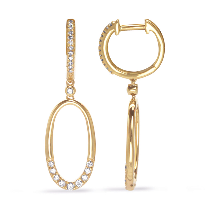 Diamond Oval Drop Hoop Earrings in 14K Yellow Gold