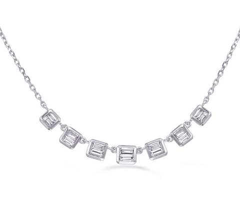 14K White Gold Baguette Diamond Bar Necklace