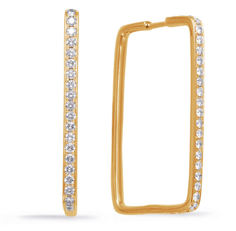 14K Yellow Gold Rectangular Hoop Diamond Earrings