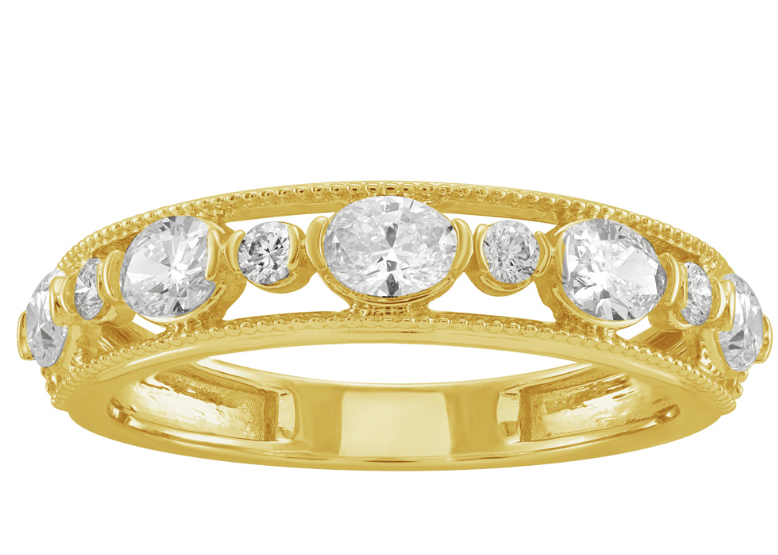 14K Yellow Gold Oval & Round Diamond Milgrain Band