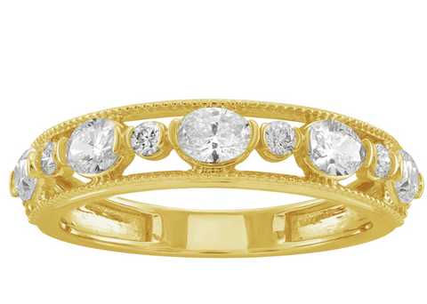 14K Yellow Gold Oval & Round Diamond Milgrain Band