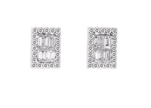 14K White Gold Baguette & Round Diamond Rectangle Stud Earrings