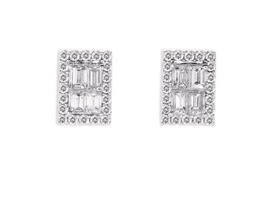 14K White Gold Baguette & Round Diamond Rectangle Stud Earrings