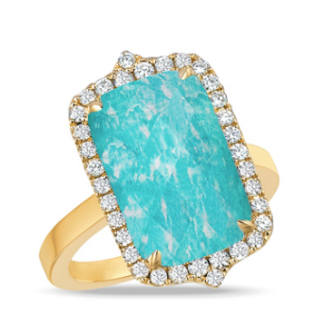 18K YELLOW GOLD DIAMOND RING WITH CLEAR QUARTZ OVER AMAZONITE