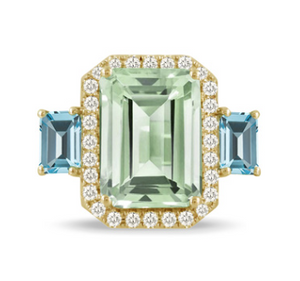18K Yellow Gold Diamond Ring with Green Amethyst & Sky Blue Topaz