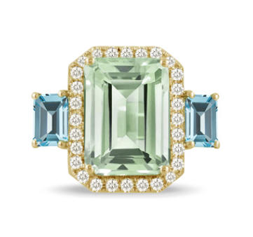 18K Yellow Gold Diamond Ring with Green Amethyst & Sky Blue Topaz