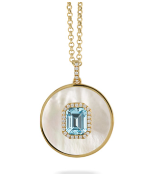 18K Yellow Gold Diamond Medallion with Sky Blue Topaz & White Mother of Pearl