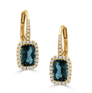 18K Yellow Gold Diamond Earrings with London Blue Topaz