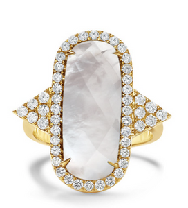 18K Yellow Gold Diamond Ring with Clear Quartz over White Mother of Pearl