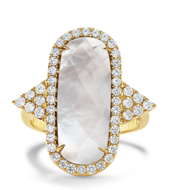18K Yellow Gold Diamond Ring with Clear Quartz over White Mother of Pearl