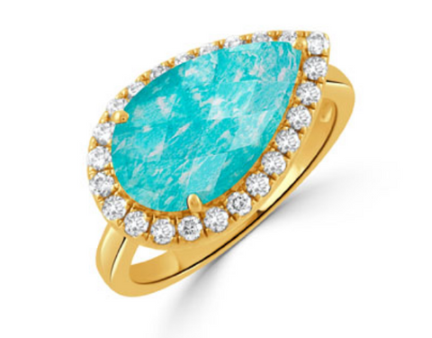 18K Yellow Gold Diamond Ring with Clear Quartz over Amazonite