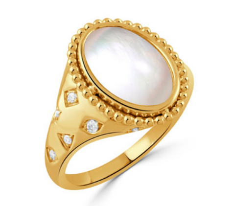 18K Yellow Gold Diamond Ring with Clear Quartz over White Mother of Pearl