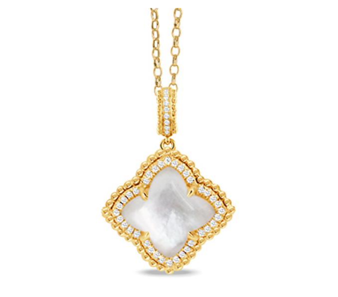 18K Yellow Gold Diamond Pendant with Clear Quartz over White Mother of Pearl