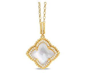 18K Yellow Gold Diamond Pendant with Clear Quartz over White Mother of Pearl