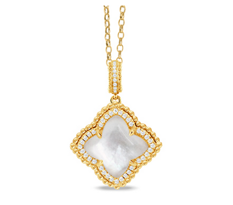 18K Yellow Gold Diamond Pendant with Clear Quartz over White Mother of Pearl
