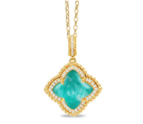 18K Yellow Gold Diamond Pendant with Clear Quartz over Amazonite