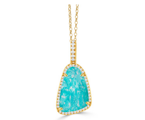 18K Yellow Gold Diamond Pendant with Clear Quartz over Amazonite
