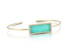 14K Yellow Gold Diamond Bangle with Clear Quartz over Amazonite