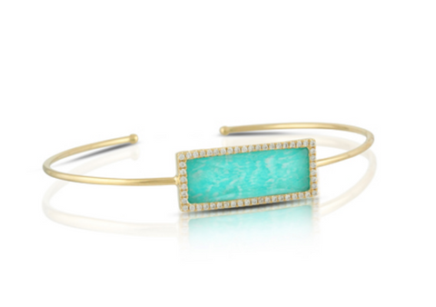 14K Yellow Gold Diamond Bangle with Clear Quartz over Amazonite