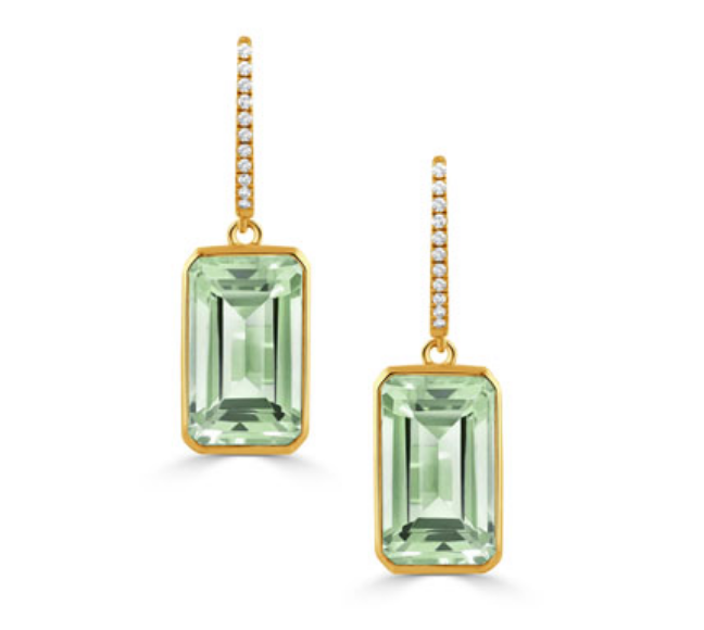 18K Yellow Gold Diamond Earrings with Green Amethyst