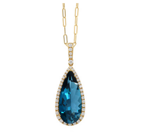 18K Yellow Gold Diamond Pendant with London Blue Topaz