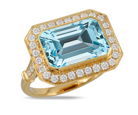18K Yellow Gold Diamond Ring with Sky Blue Topaz Center