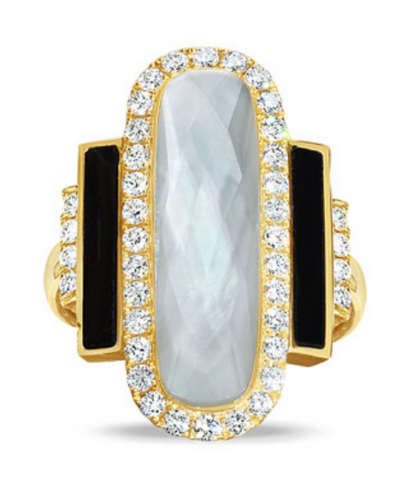 18K Yellow Gold Diamond Ring with Clear Quartz over White Mother of Pearl Center and Black Onyx Sides
