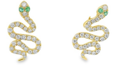18K Yellow Gold Diamond & Emerald Snake Earrings