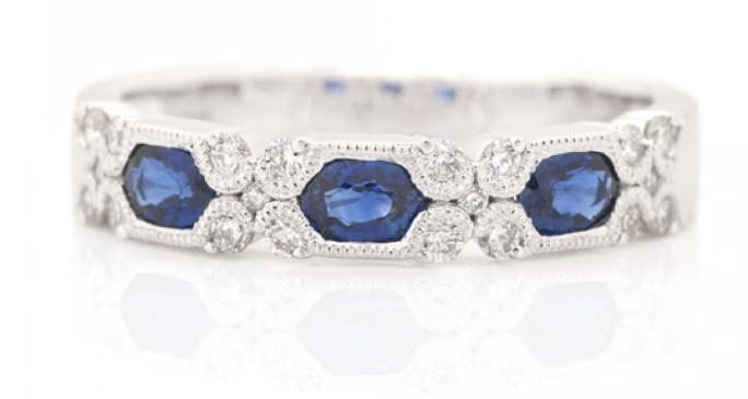 14K White Gold Wide Band Hexagon Cut Sapphire & Diamond Ring