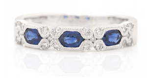 14K White Gold Wide Band Hexagon Cut Sapphire & Diamond Ring