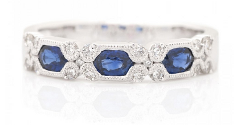 14K White Gold Wide Band Hexagon Cut Sapphire & Diamond Ring