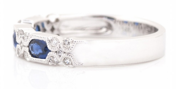 14K White Gold Wide Band Hexagon Cut Sapphire & Diamond Ring