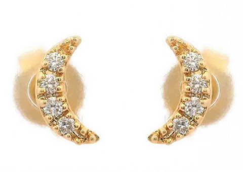14K Yellow Gold Petite Crescent Moon Diamond Stud Earrings