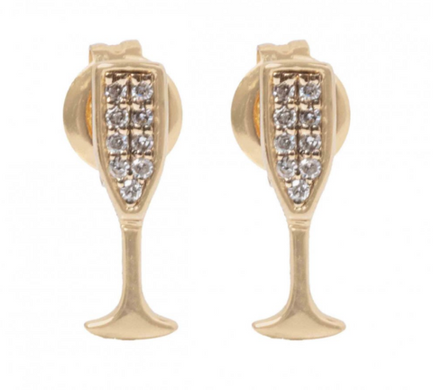 14K Yellow Gold Champagne Glass Diamond Stud Earrings
