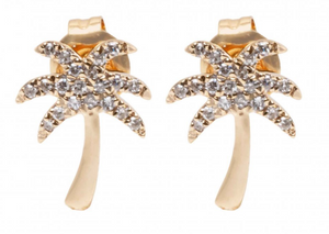 14K Yellow Gold Palm Tree Diamond Stud Earrings