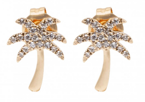 14K Yellow Gold Palm Tree Diamond Stud Earrings