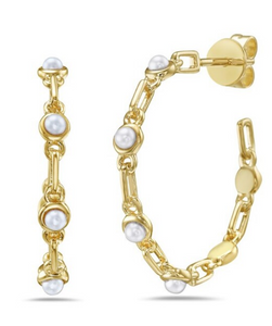 14K Yellow Gold Pearl Link Hoop Earrings