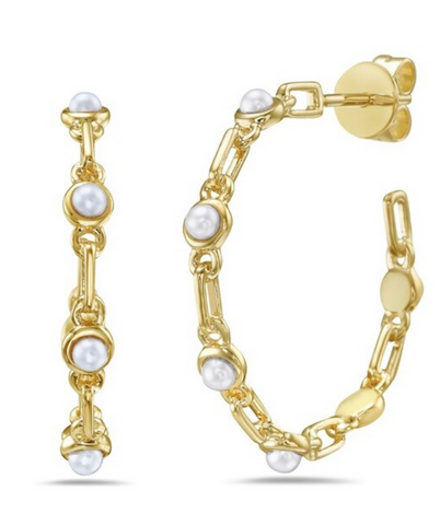 14K Yellow Gold Pearl Link Hoop Earrings