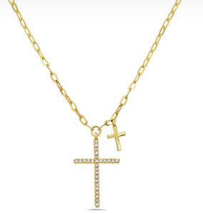 14K Yellow Gold Double Cross Diamond Necklace