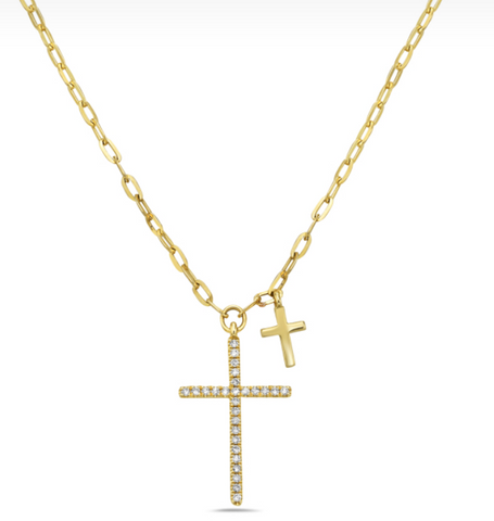 14K Yellow Gold Double Cross Diamond Necklace