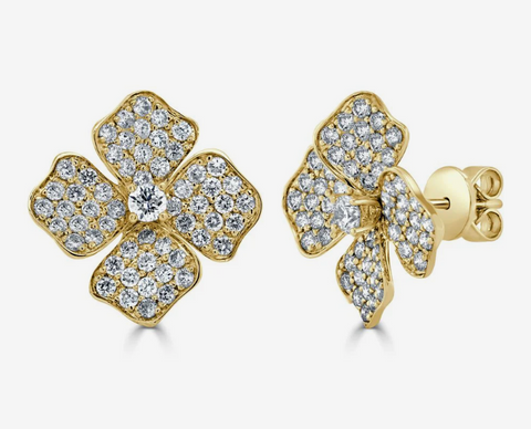 14K Gold & Diamond Flower Stud Earrings