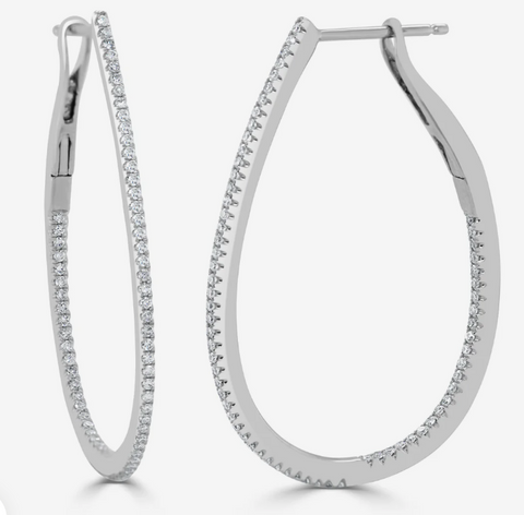 14k Gold & Diamond Skinny Tear Drop Hoop Earrings