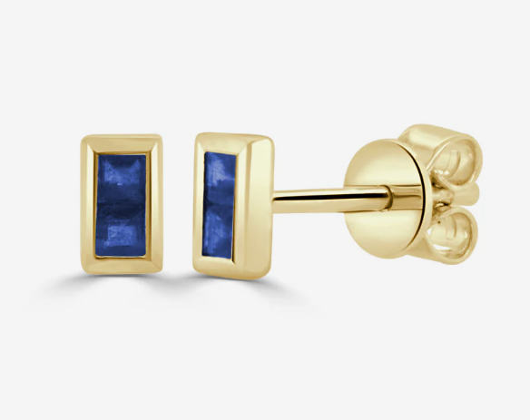 14K Gold Tiny Blue Sapphire Baguette Stud Earrings