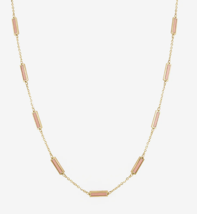 14K YELLOW GOLD LIGHT PINK BAR STATION NECKLACE